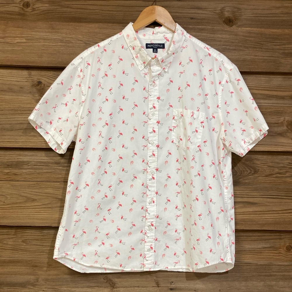 J. Crew White Short-Sleeve Button-Down Shirt with Pink Flamingo Print XL